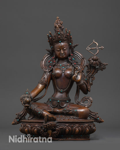 Red Tara Statue front view seated on lotus with crown, jewelry, and Third Eye details