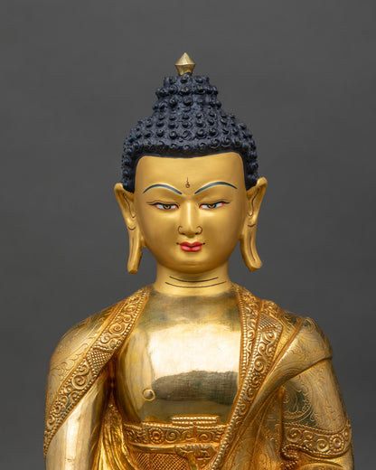 Regular close-up of Shakyamuni Gautam Buddha Statue showing full body and lotus pedestal details