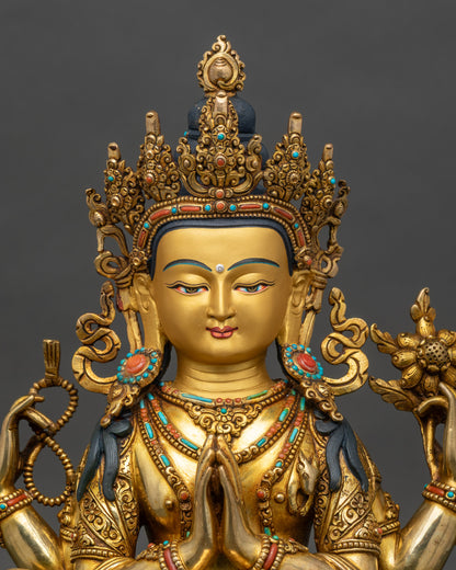 Regular close-up of Avalokiteshvara statue showing intricate copper and gemstone details