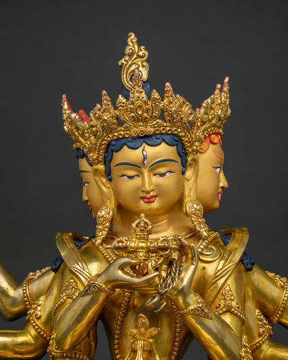 Close up view of 24K gold gilded Ushnisha Vijaya Buddhist statue