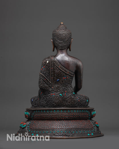 Regular back Buddha Shakyamuni oxidized statue showing lotus seat and detailed carvings
