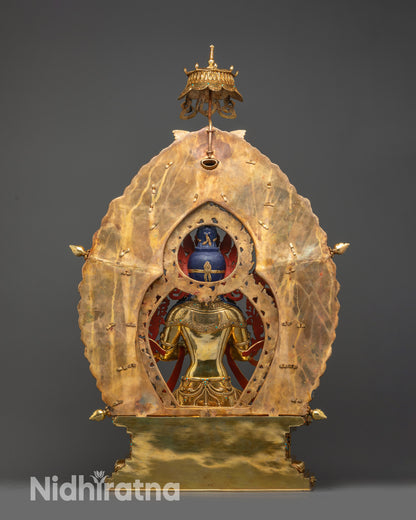 Regular back view Maitreya Buddha statue showing carved halo and robe folds