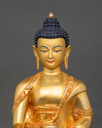 Regular close-up of Buddha statue showing serene gold-painted face and carved robe