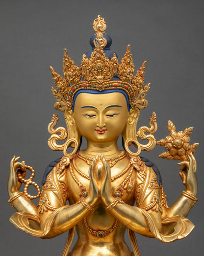 Regular close-up of Four-Armed Chenrezig Statue showing intricate copper detailing