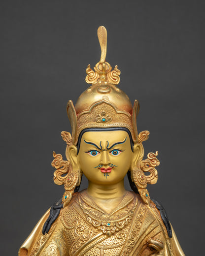 Regular close-up of Guru Rinpoche statue – detailed Nepalese Padmasambhava copper figure with sacred lotus pedestal