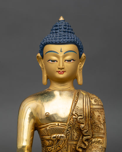 Regular close-up of Shakyamuni Buddha statue, detailed copper craftsmanship