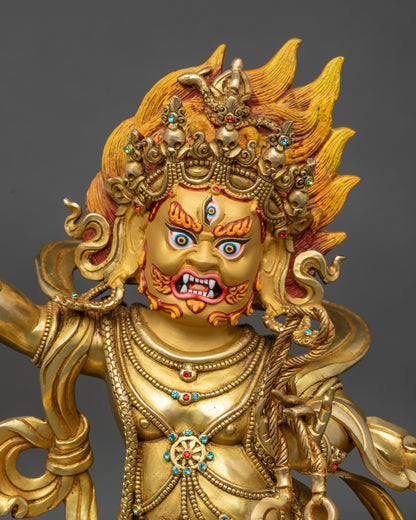 Regular close-up of Vajrapani sculpture showing intricate copper and gilded details