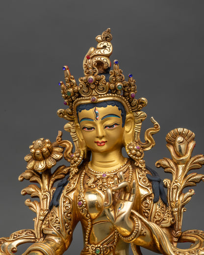 Regular close-up of White Tara Bodhisattva, seated on double lotus pedestal