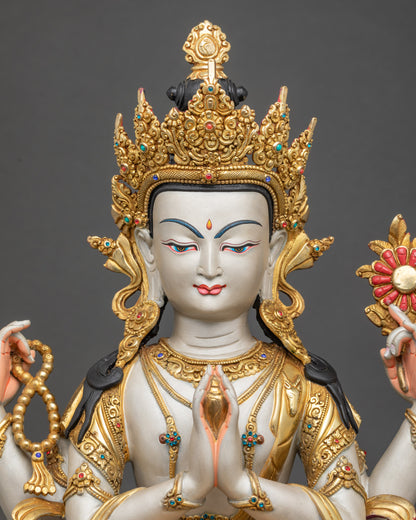 Regular close-up showing Chenrezig Statue’s swirling robe, sacred objects, and gold accents