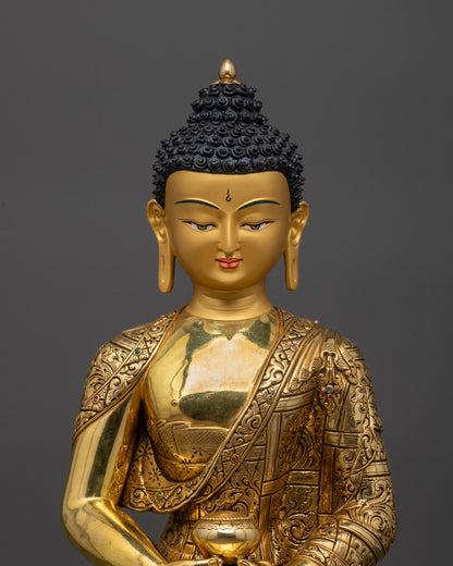 Regular close up Amitabha Buddha showing serene face and detailed monk’s robes
