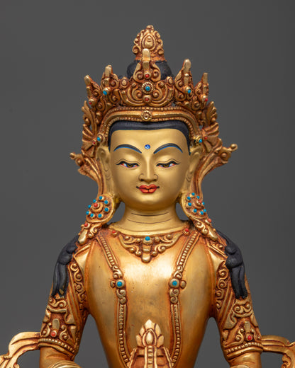 Regular close up Amitayus statue showing intricate robe, crown, and jewelry details
