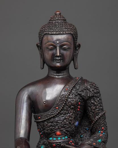 Regular close up Buddha Shakyamuni oxidized statue highlighting semi-precious stones
