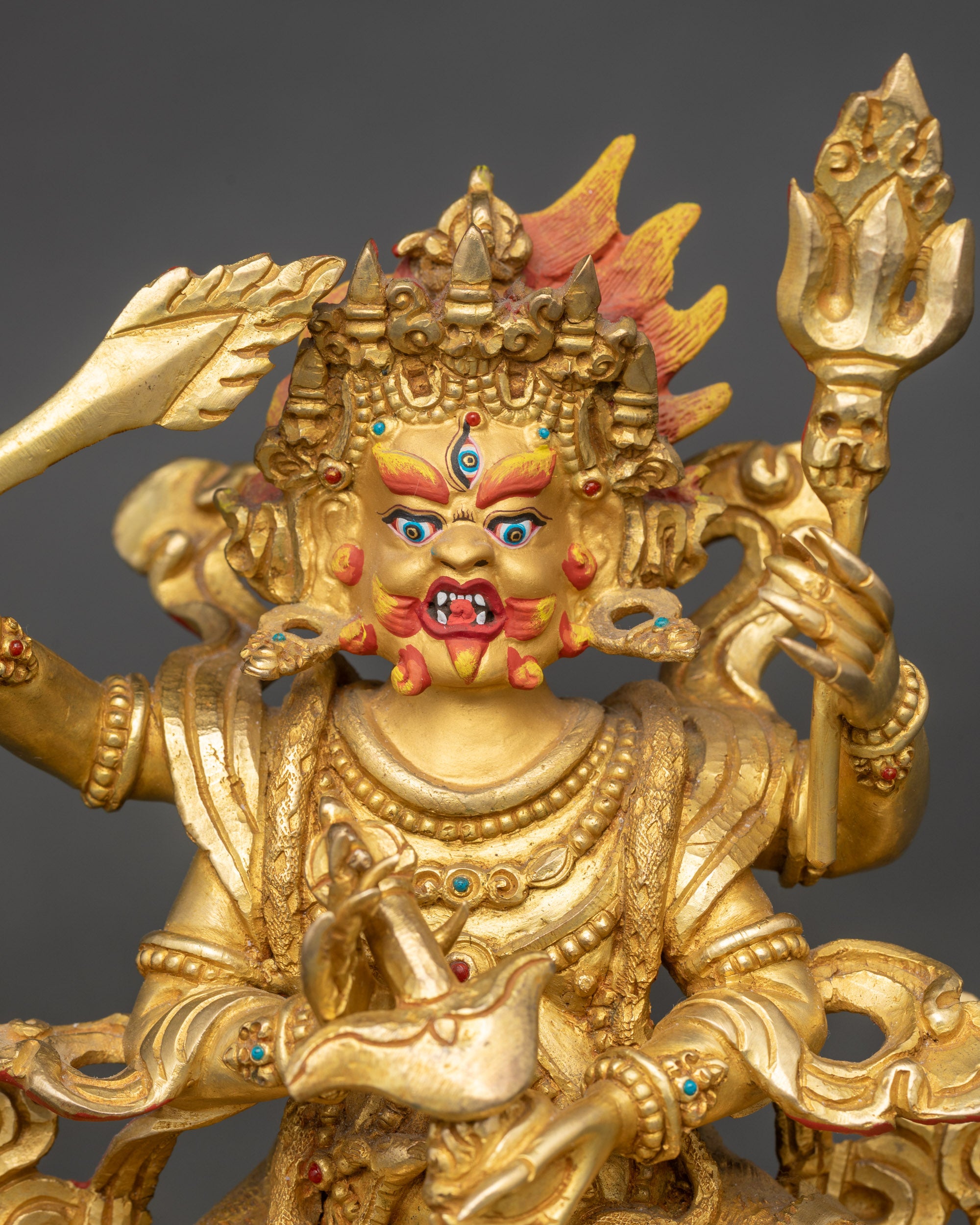 Regular close up Chaturbhuja Mahakala statue robe serpent garland tiger skin garments
