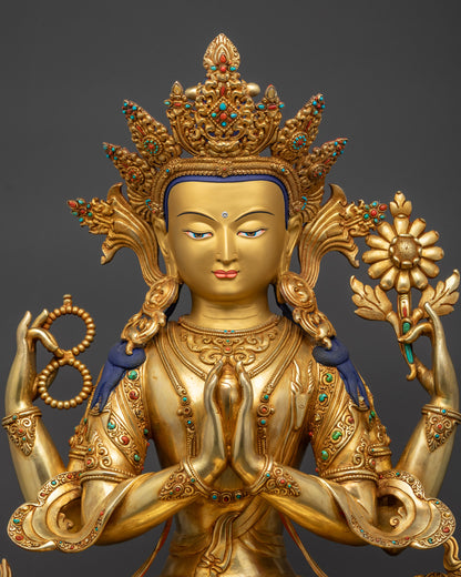 Regular close up Chenrezig Buddha sculpture with five-jeweled crown and flowing robes