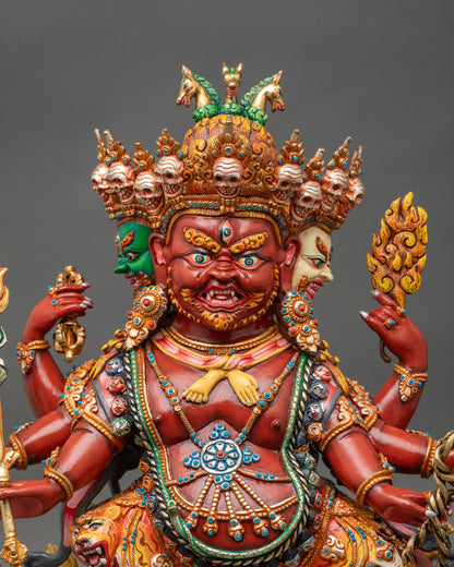 Regular close up: Close-up of Hayagriva Buddhist statue showing intricate copper details