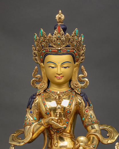 Regular close up Dorje Sempa sculpture showing gold-gilded face and five-jeweled crown details