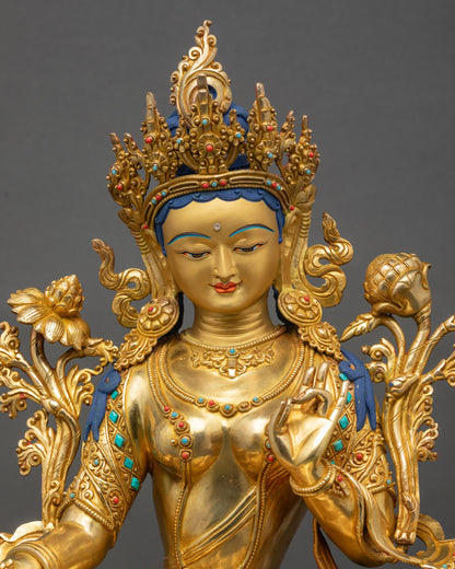 Regular close up Green Tara statue showing Five-Jewelled Crown and flowing robe