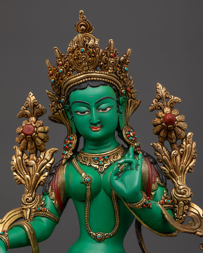 Regular close up Green Tara statue showing crown and semi-precious stones