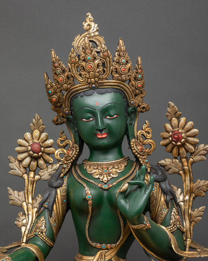 Regular close up Green Tara statue showing hand-painted details and gold-plated crown