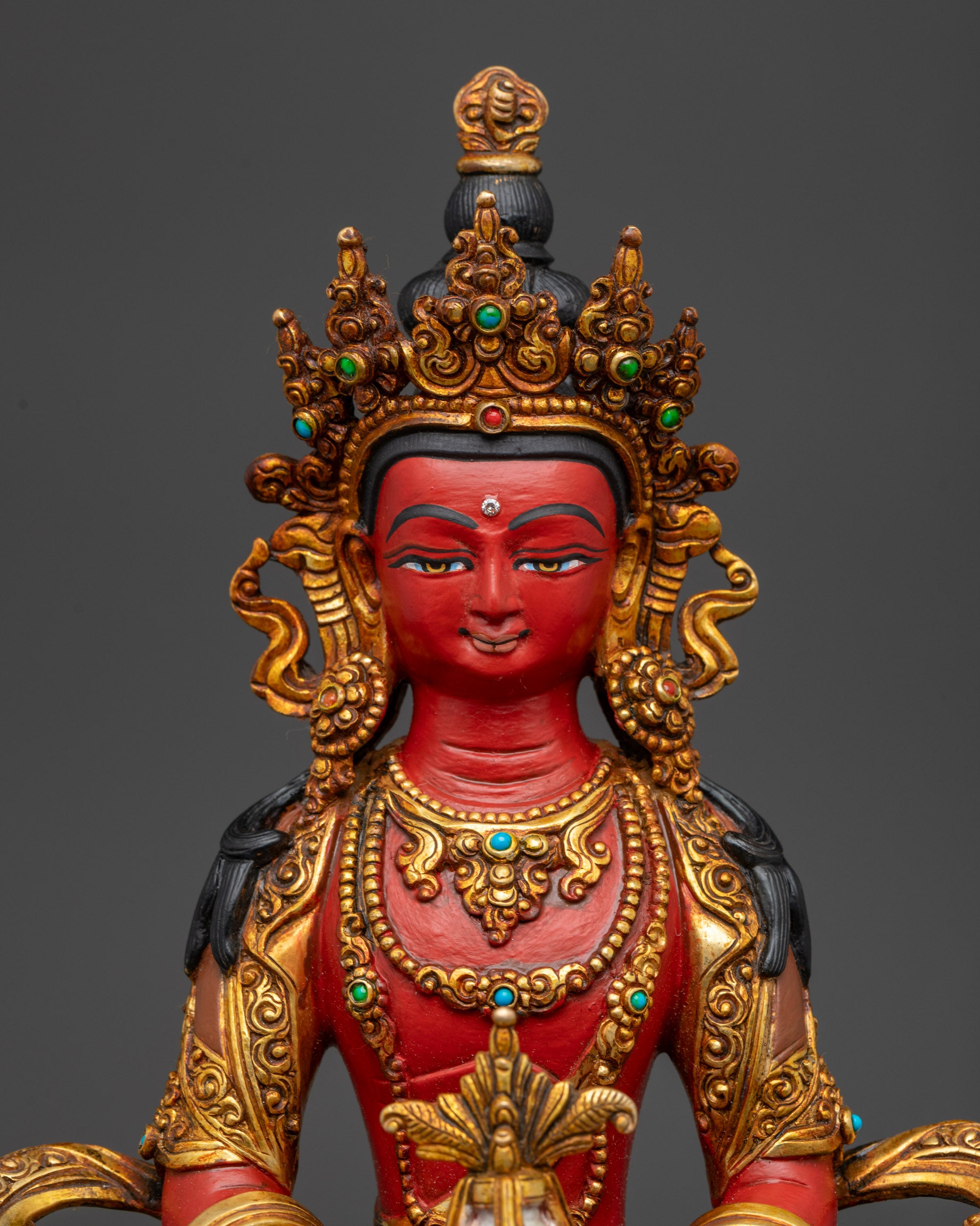Regular close up Handcrafted Amitayus Buddha statue showing detailed gold-platings