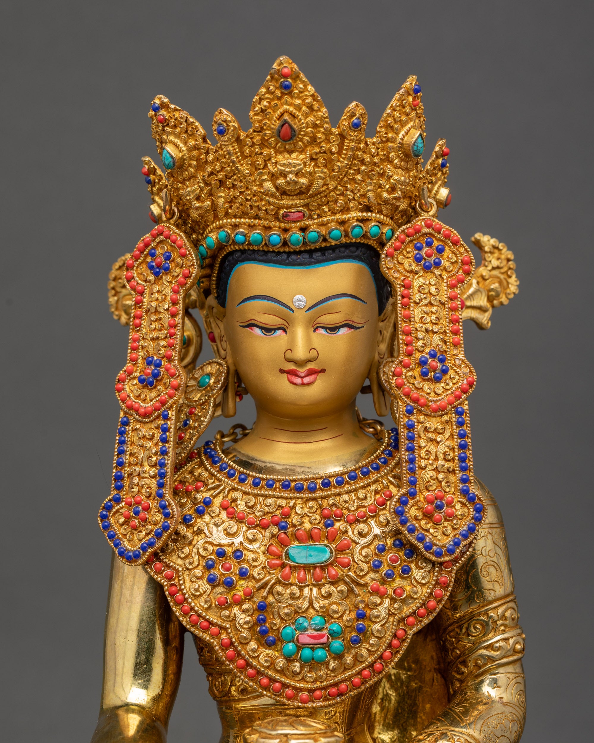 Regular close up Jowo Rinpoche Statue showing five jeweled crown and detailed robes