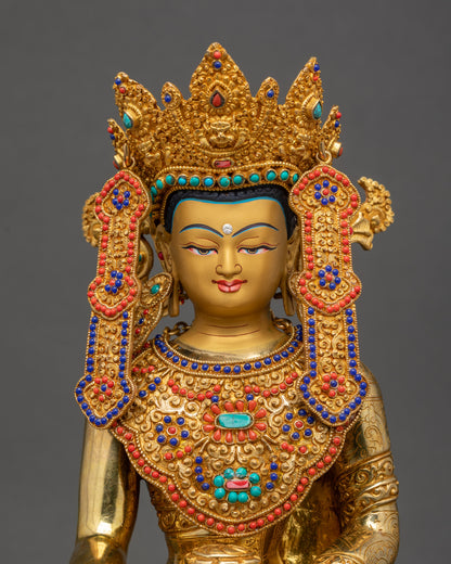 Regular close up Jowo Rinpoche Statue showing five jeweled crown and detailed robes