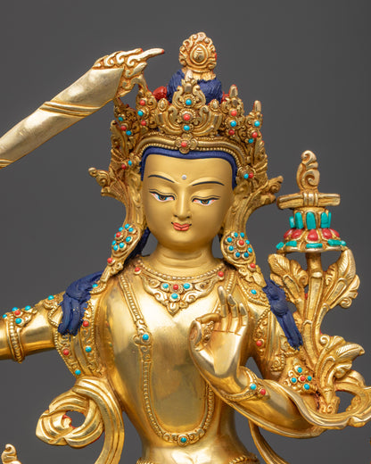 Regular close up Manjushri Sculpture showing meditative posture and intricate carvings
