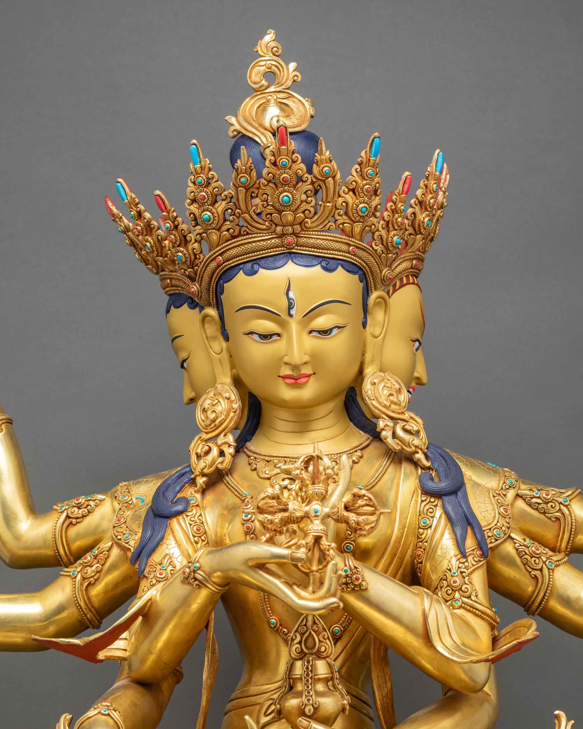 Regular close up Namgyalma statue showing gold fire-gilded body and jeweled ornaments