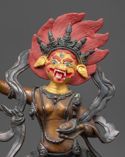 Regular close up Oxidized Simha Mukha Statue showing crown and jewelry details