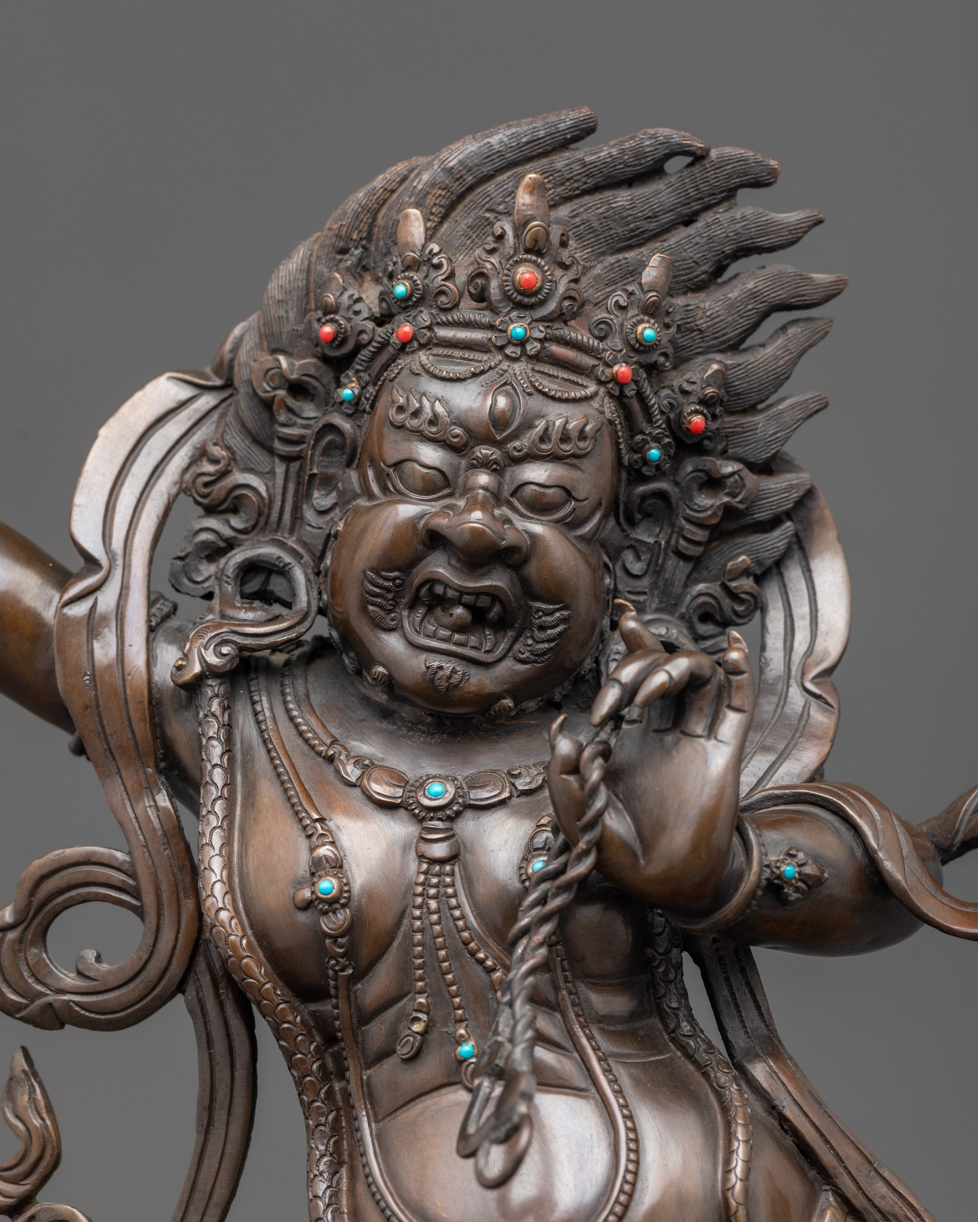 Regular close up Oxidized Vajrapani Statue showing vajra, lasso, and serpent necklace
