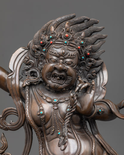 Regular close up Oxidized Vajrapani Statue showing vajra, lasso, and serpent necklace