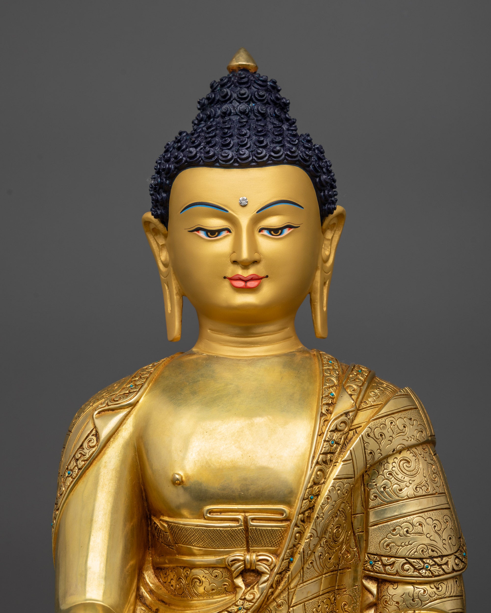 Regular close up Shakyamuni Buddha holding begging bowl lotus seat gold-fire gilded
