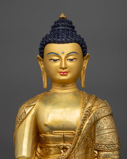 Regular close up Shakyamuni Buddha holding begging bowl lotus seat gold-fire gilded
