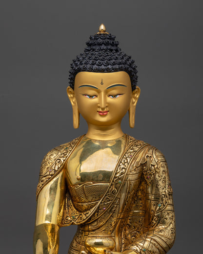 Regular close up Shakyamuni Buddha showing serene face and detailed monk robes
