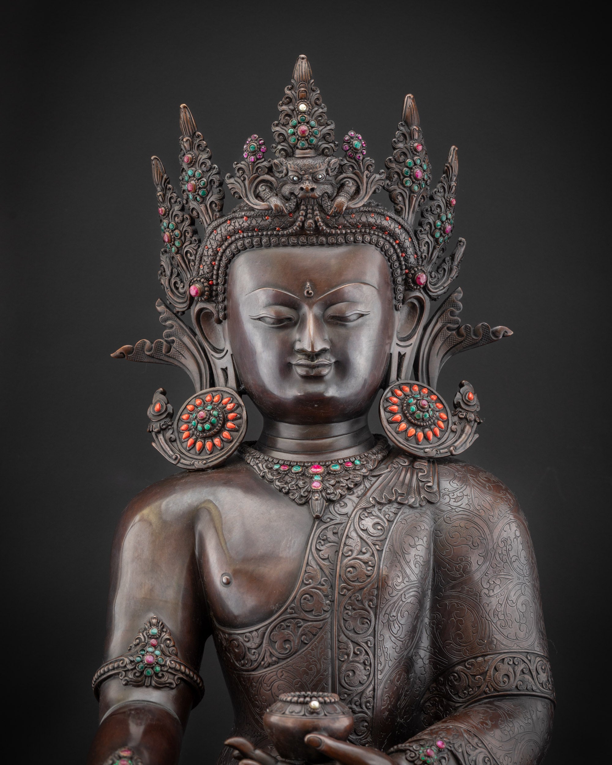 Regular close up Shakyamuni Buddha statue with floral motif designs, zen decor
