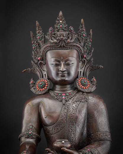 Regular close up Shakyamuni Buddha statue with floral motif designs, zen decor
