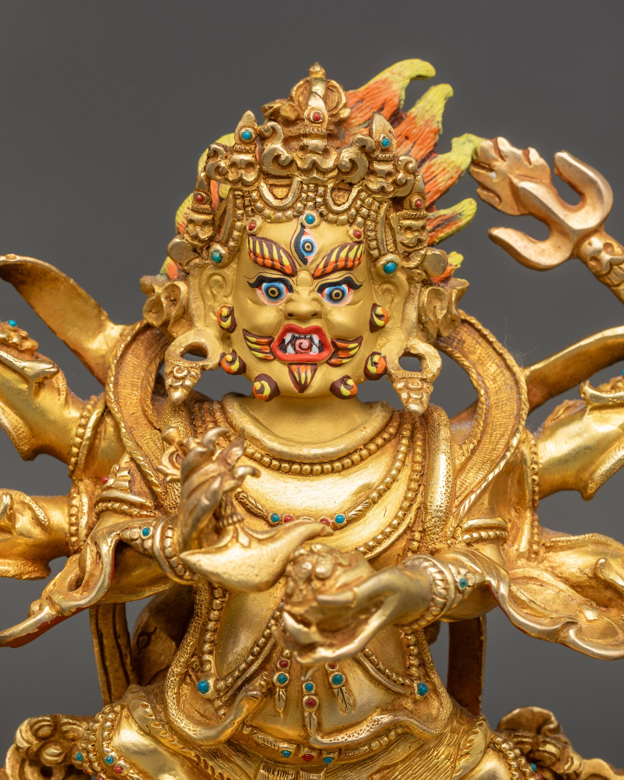 Regular close up Six-Armed Mahakala statue with skull garland tiger skin robe gold gilded
