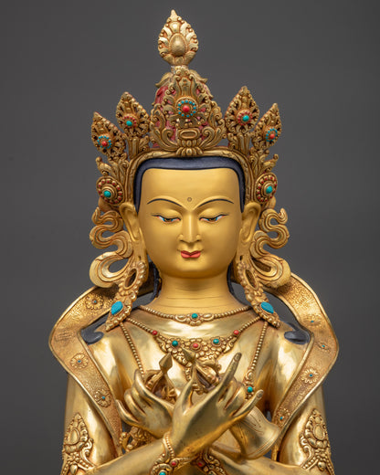 Regular close up Vajradhara statue revealing crown details and refined robe textures
