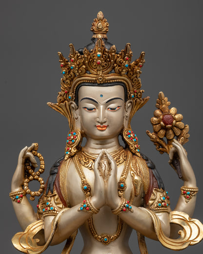 Regular close up White-Hued Chenrezig Bodhisattva statue with intricate semi-precious details
