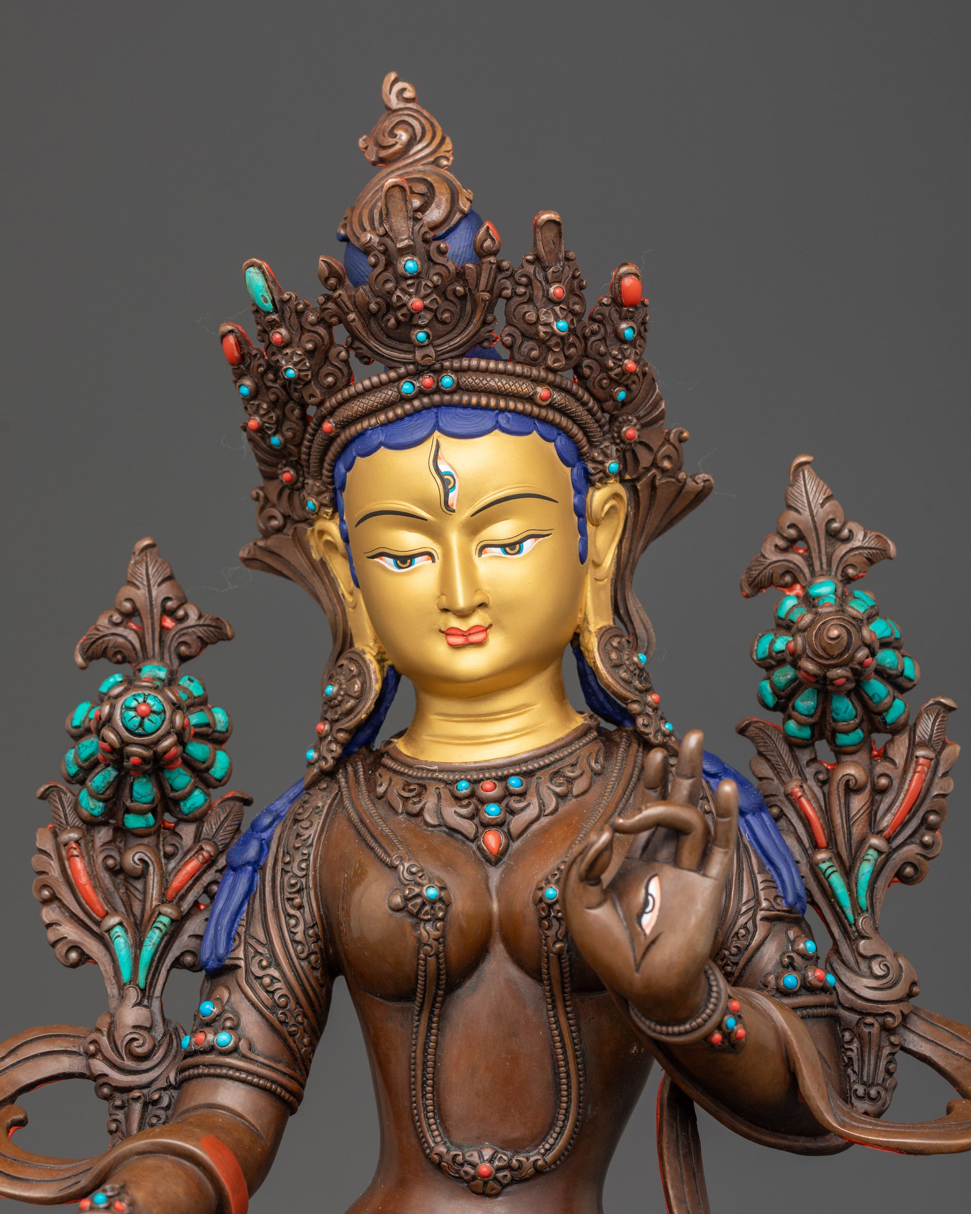 Regular close up White Tara oxidized statue showing Five-Jeweled Crown and floating robe
