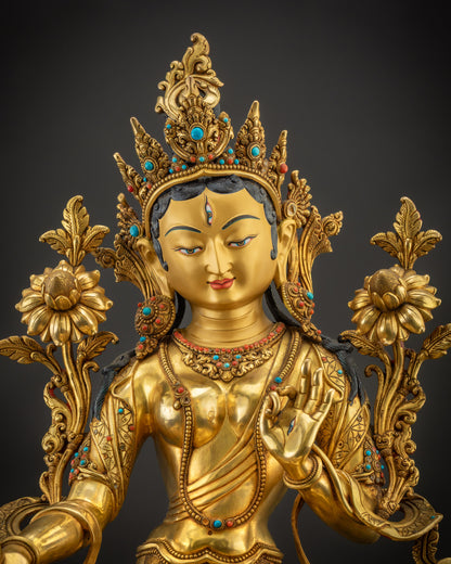 Regular close up White Tara seven-eyed goddess hand-carved crown and flowing robe
