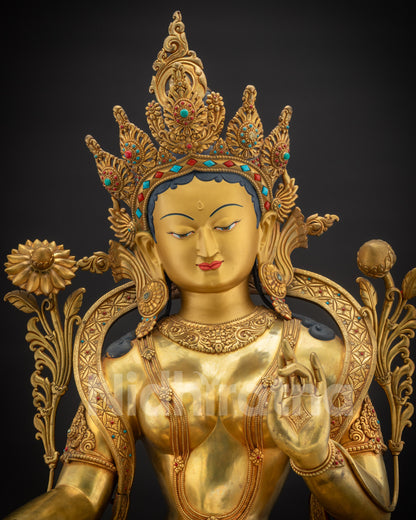 Regular close up face Masterpiece Green Tara Statue with gold gilding and semi-precious stones