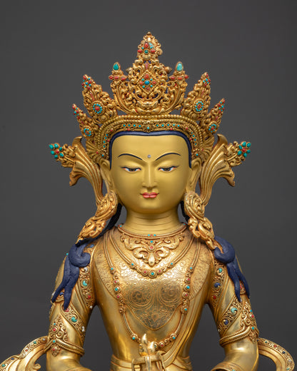 Regular close up handcrafted Amitayus Buddha with gold fire-gilding and sacred vase
