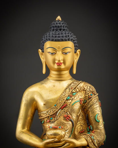 Regular close up of Amitabha Buddha Statue, gold face and gemstone halo details
