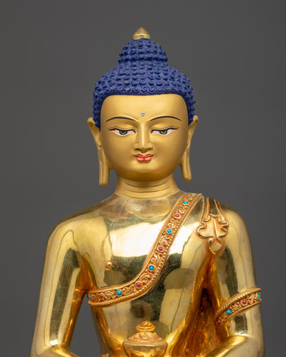 Regular close up of Amitabha Buddha sculpture showing intricate carved monk's robe
