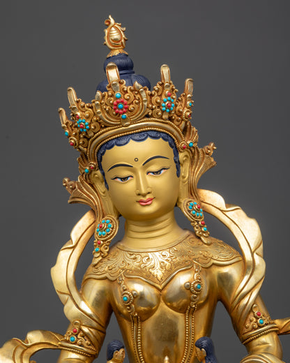 Regular close up of Green Tara Statue, hand-carved copper alloy with gold fire-gilding

