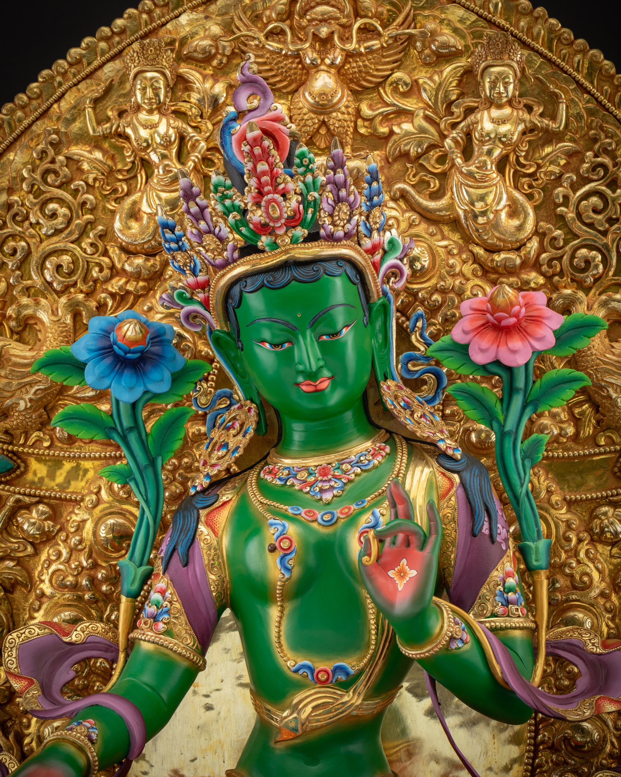 Regular close up of Green Tara on gold-gilded Tibetan throne handcrafted in Nepal
