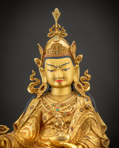 Regular close up of Guru Rinpoche details with lotus hat and five-petal crown
