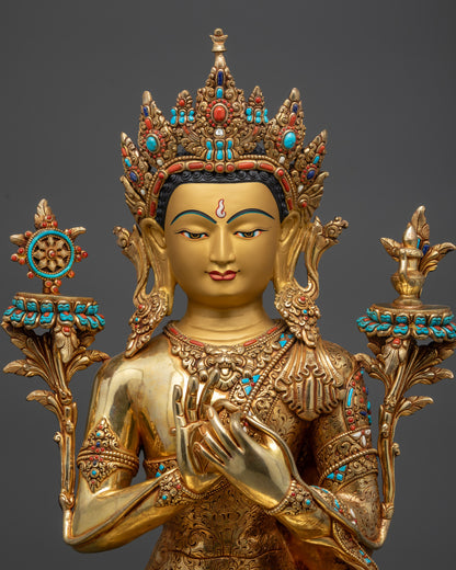 Regular close up of Maitreya Buddha sculpture showing intricate crown and robe details