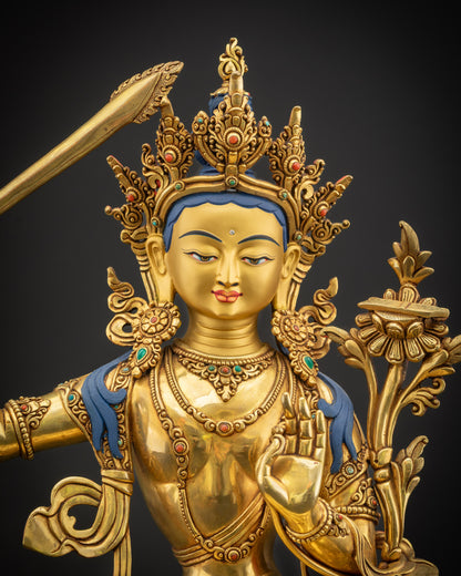 Regular close up of Masterpiece Manjushri Statue showing jeweled crown and earrings